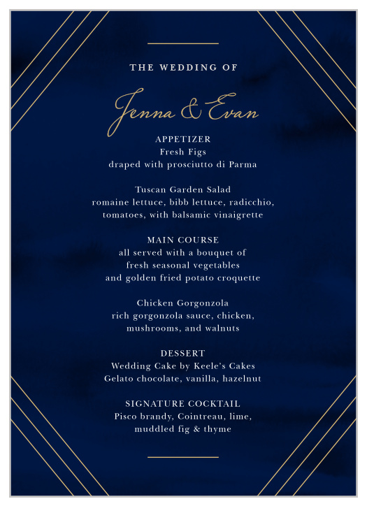 Whether you're informing your guests what they'll be eating or offering them several different meal choices, our beautiful Indigo Infatuation Wedding Menus are perfect for the job.