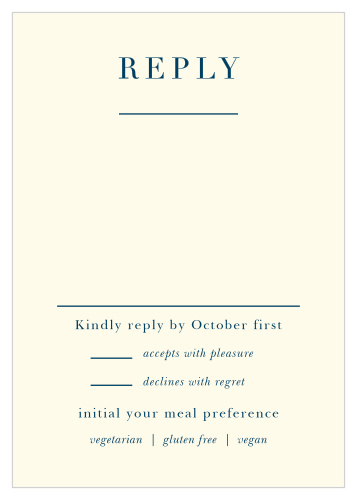 In a shocking inverse of the suite's color scheme, our Heliotrope Blooms Response Cards feature a bright white background and deep blue typefaces to help you tally up and prepare for every guest in style.