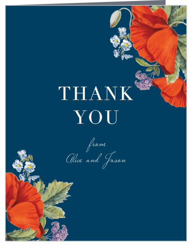 Your message of appreciation is bold and bright white against the deep blue background of our Heliotrope Blooms Wedding Thank You Cards, with your names written in a subtle script below.