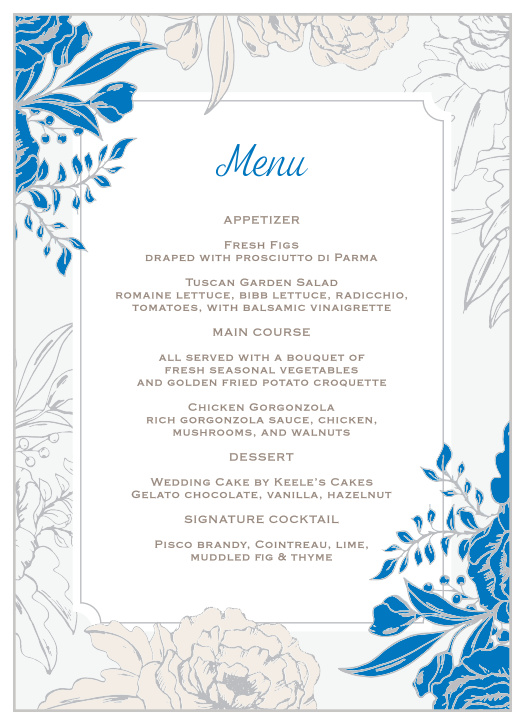 Let your guest know what they can eat at your wedding using the Peony Draped Wedding Menus.