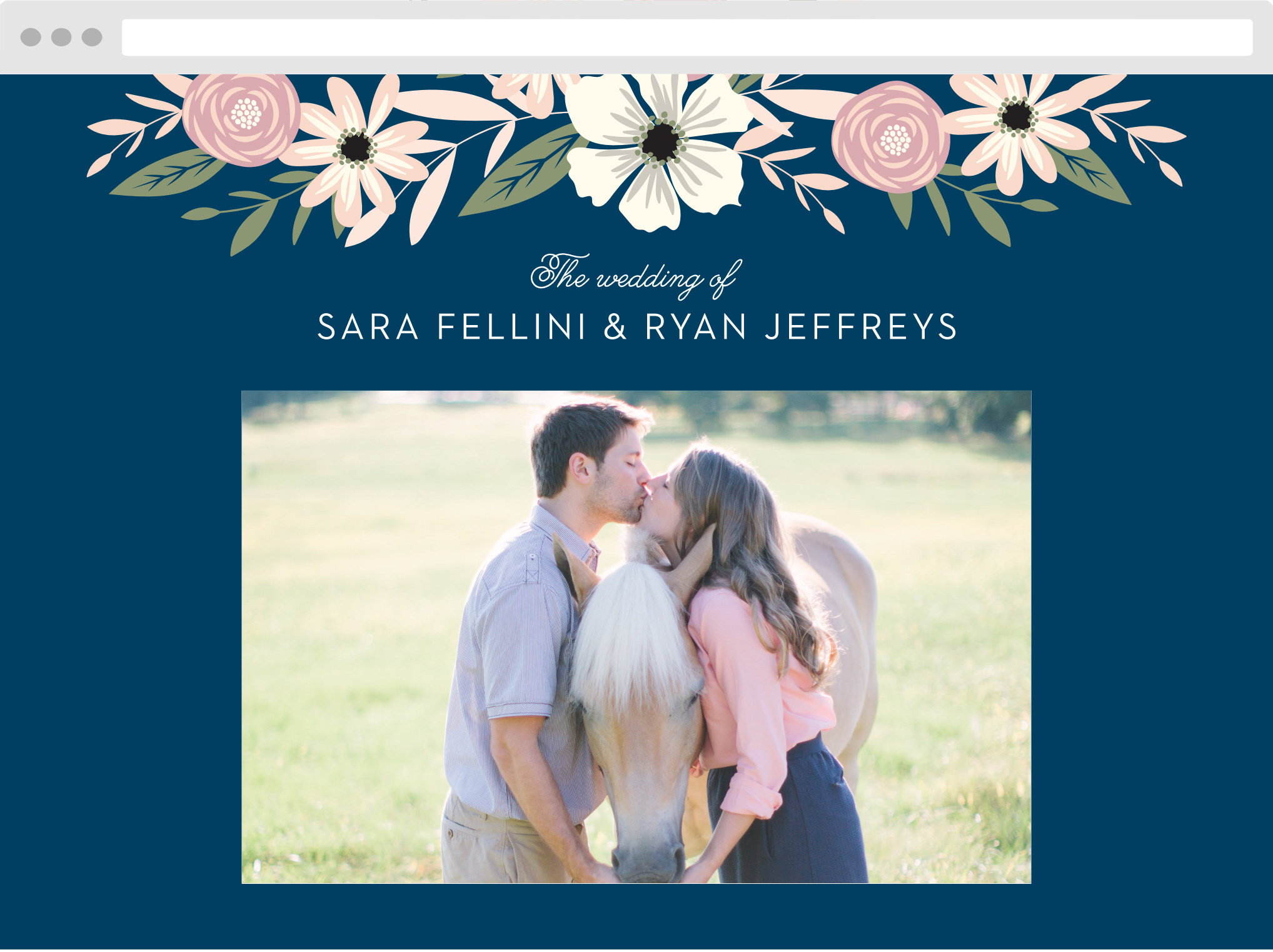 Fetching florals make a delicate crown for the Rustic Blooms Website. Featured prominently are your and your fiancé’s names and your lovely engagement photo.
