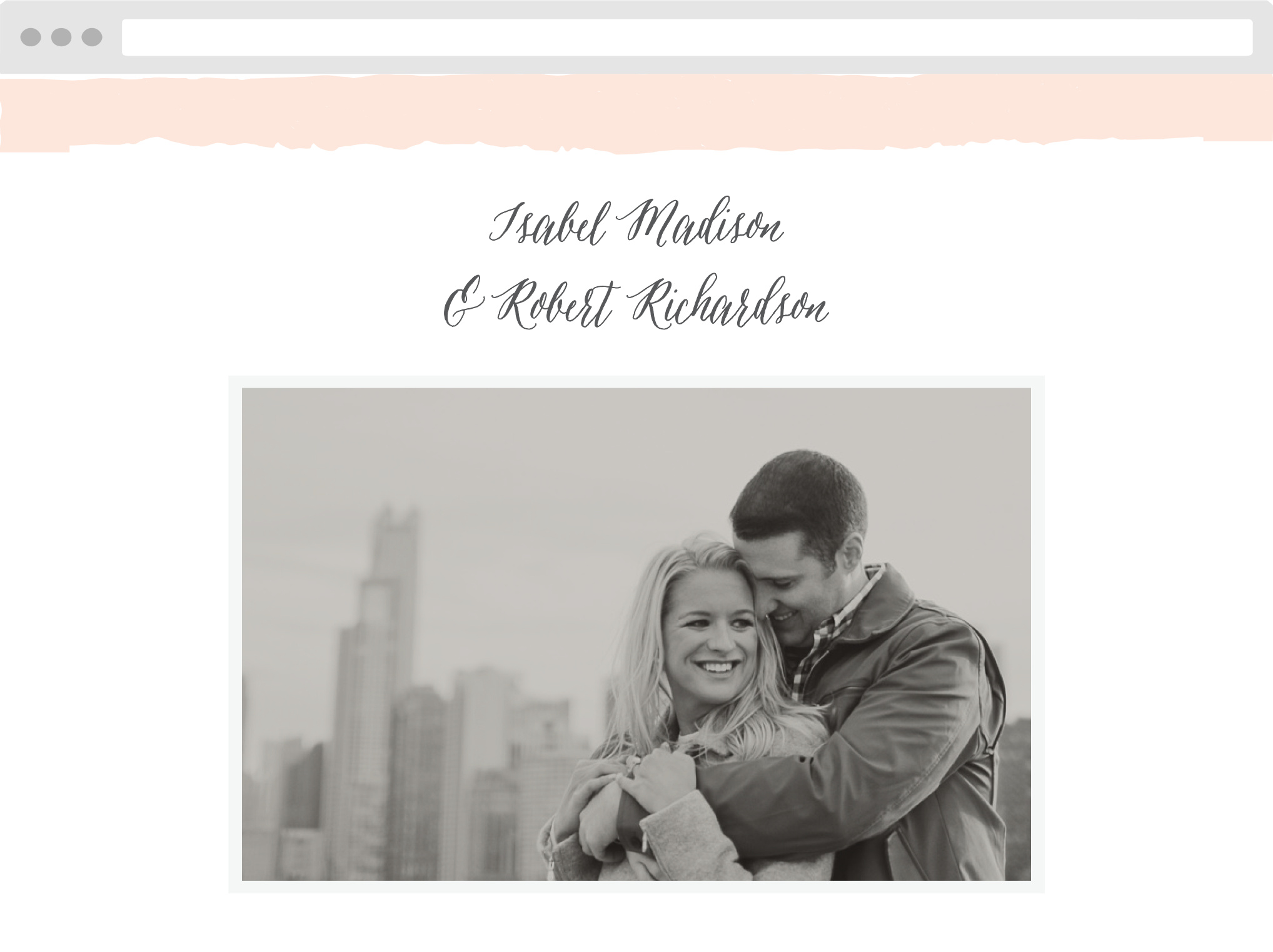 The Painted Border Wedding Website sports a quaintly simple yet distinct border above your names and your lovely engagement photo.