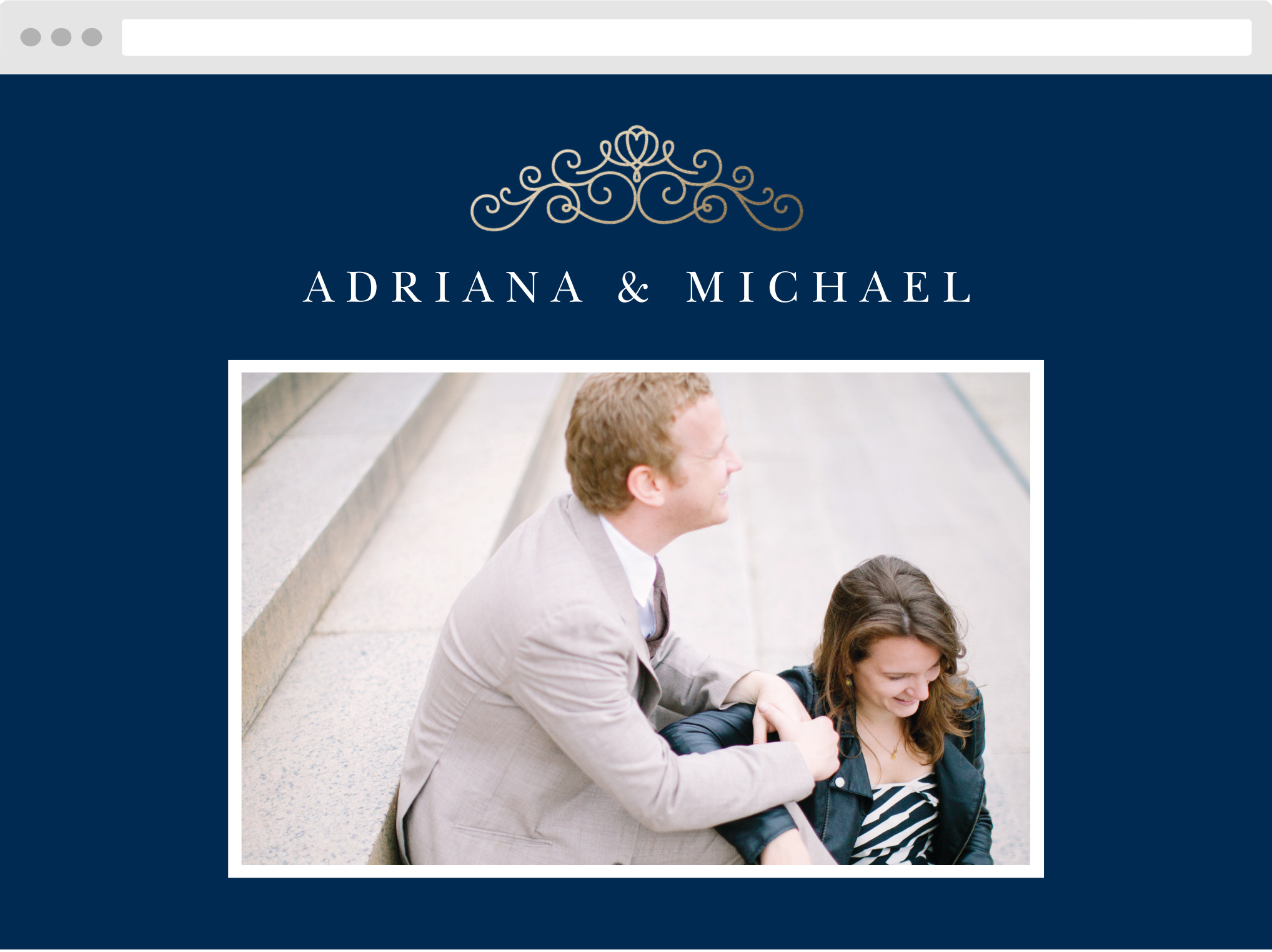 Rich navy blue and beautiful silver come together to make the Royal Scrolls Wedding Website. Customize the colors to fit your perfect wedding theme or leave it just the way it is. It's all up to you!