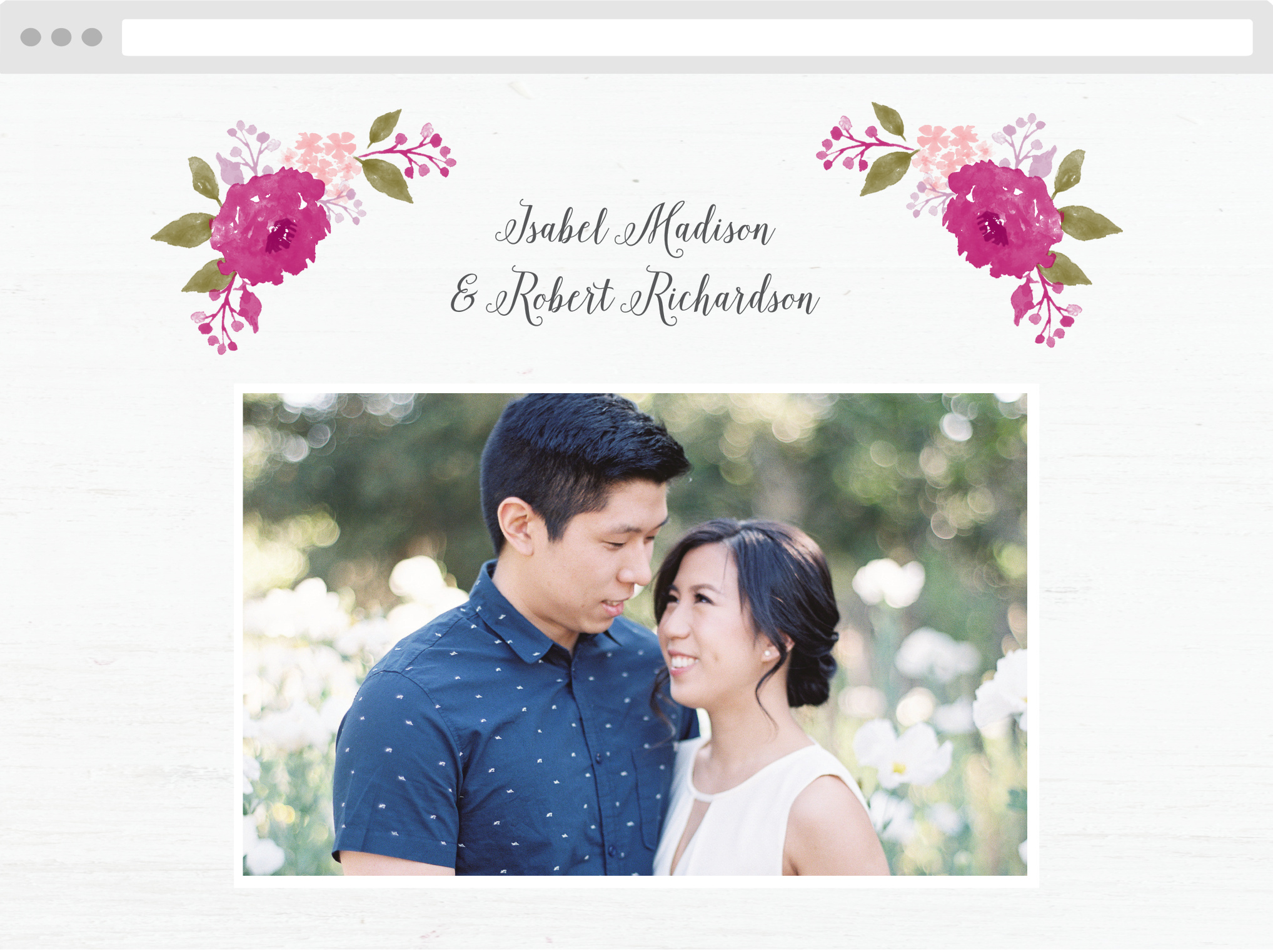 This softly rustic website frames your names in a watercolor-style floral wreath available in your wedding colors.