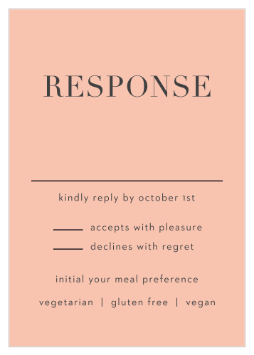 Borrowing from the color scheme of the primary wedding invitation, our Angular Color Response Cards utilize the salmon color for their background.