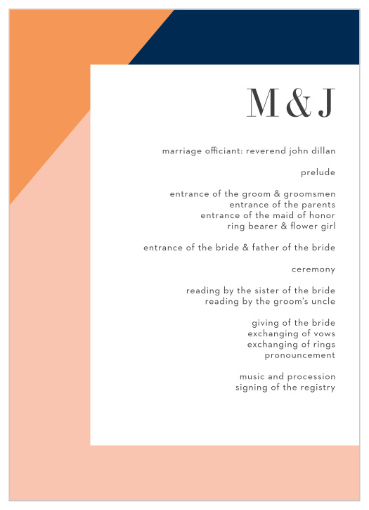 With our stunning Angular Color Wedding Programs, you can be sure that your friends and family follow along with each special moment of your wedding ceremony.