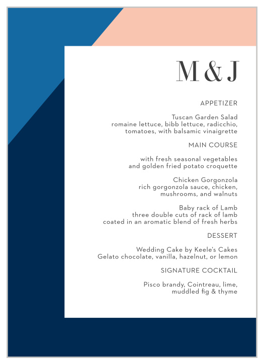 Guide your guests through each of their meal choices with our Angular Color Wedding Menus.