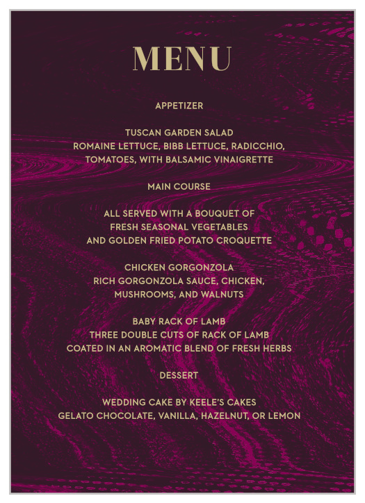 Undulating purple swirls decorate the background of our Lipstick & Louvre Wedding Menus, lighting the way for your meal options in stunning pseudo-gold.