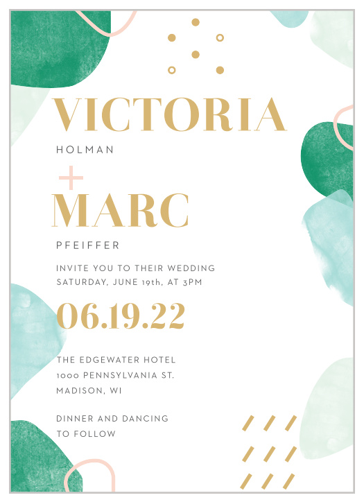 Our stunning Sea Breeze Collage Wedding Invitations are awash in soft blues and gentle greens, framed by your names and wedding date in a bold, shining gold-foil.