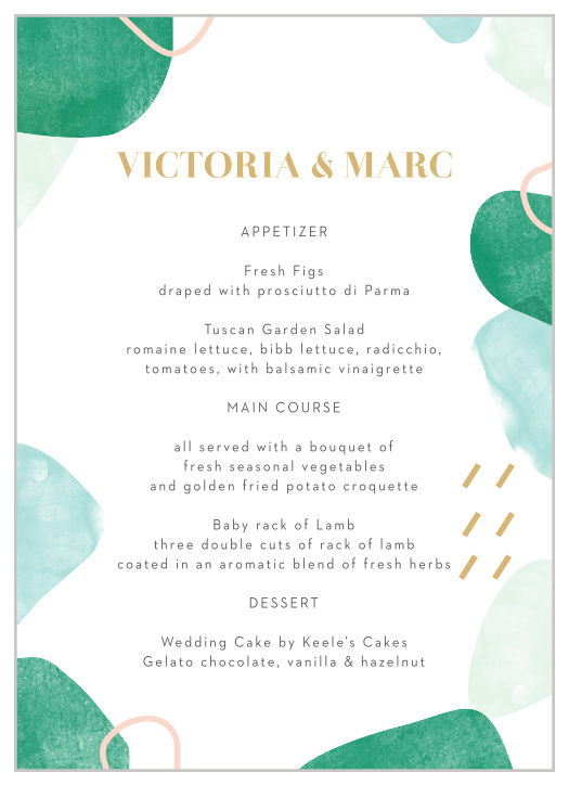 Use our stunning Sea Breeze Collage Wedding Menus to provide mouthwateringly detailed descriptions of the meal options at your wedding.