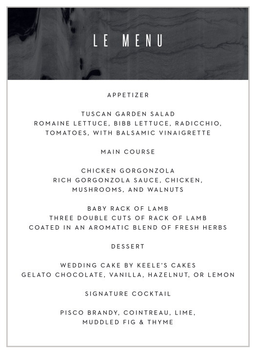 No matter what their meal options are, your guests will love these stunning Museum Muse Wedding Menus.