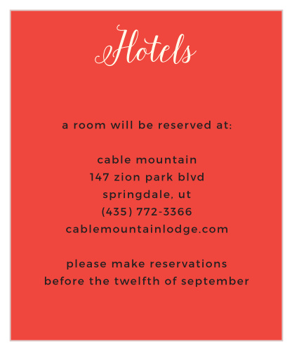 A vibrant, peaceful red decorates the background of our Beach Geek Accommodation Cards, creating a perfect complement for the simple white calligraphy that titles the page and the clean-cut black print that spells out the details.