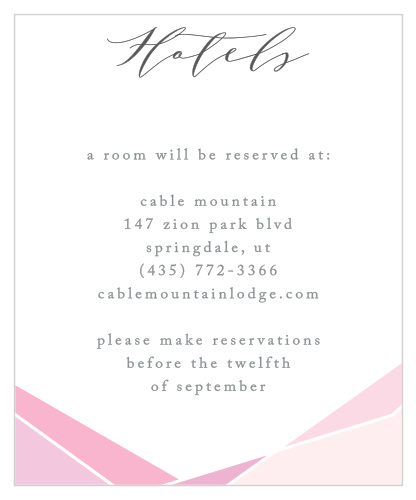 Give your guests the gift of a comfortable stay- our Playful Lines Accommodation Cards use a combination of delightful cursive, classic print, and cascading pink angles to direct your loved ones to the best hotels around.