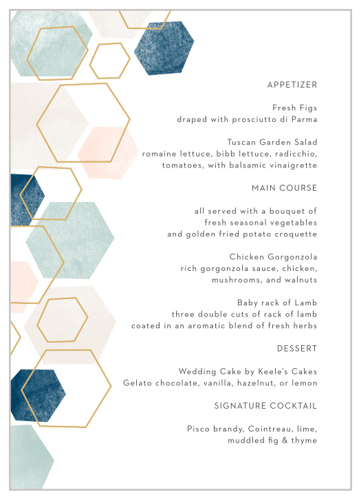 A geometric pattern in pink and blue hues with some gold hexagon outlines graces the left side of our Geometric Watercolor Wedding Menus.