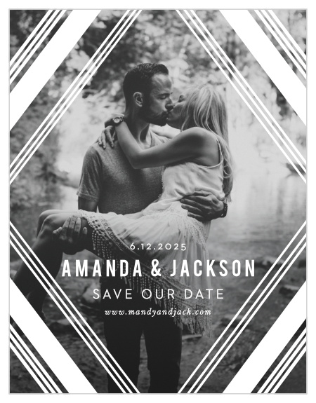 Our Diamond Reflections Save the Date Cards feature a bold and vintage frame of diamonds overlaying your engagement photo.
