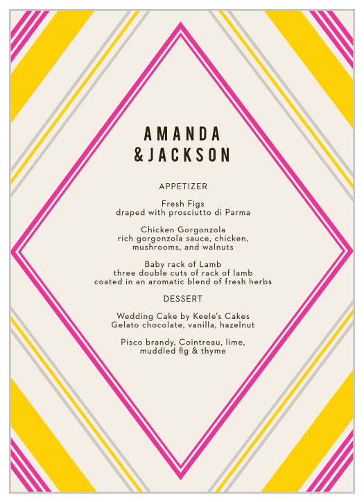 Our Diamond Reflections Wedding Menus are vintage in both design and coloring.