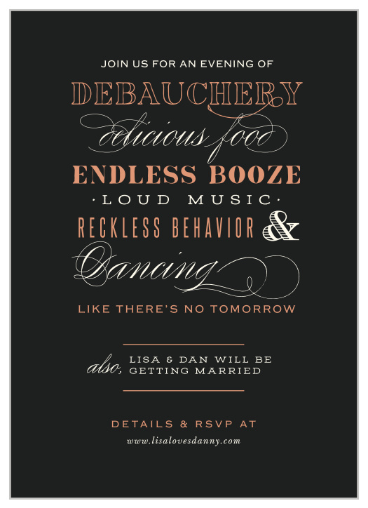 Our Diamond Debauchery Wedding Invitations are a blast from the past, featuring endlessly elegant calligraphy and bold prints for sharing your wedding details.