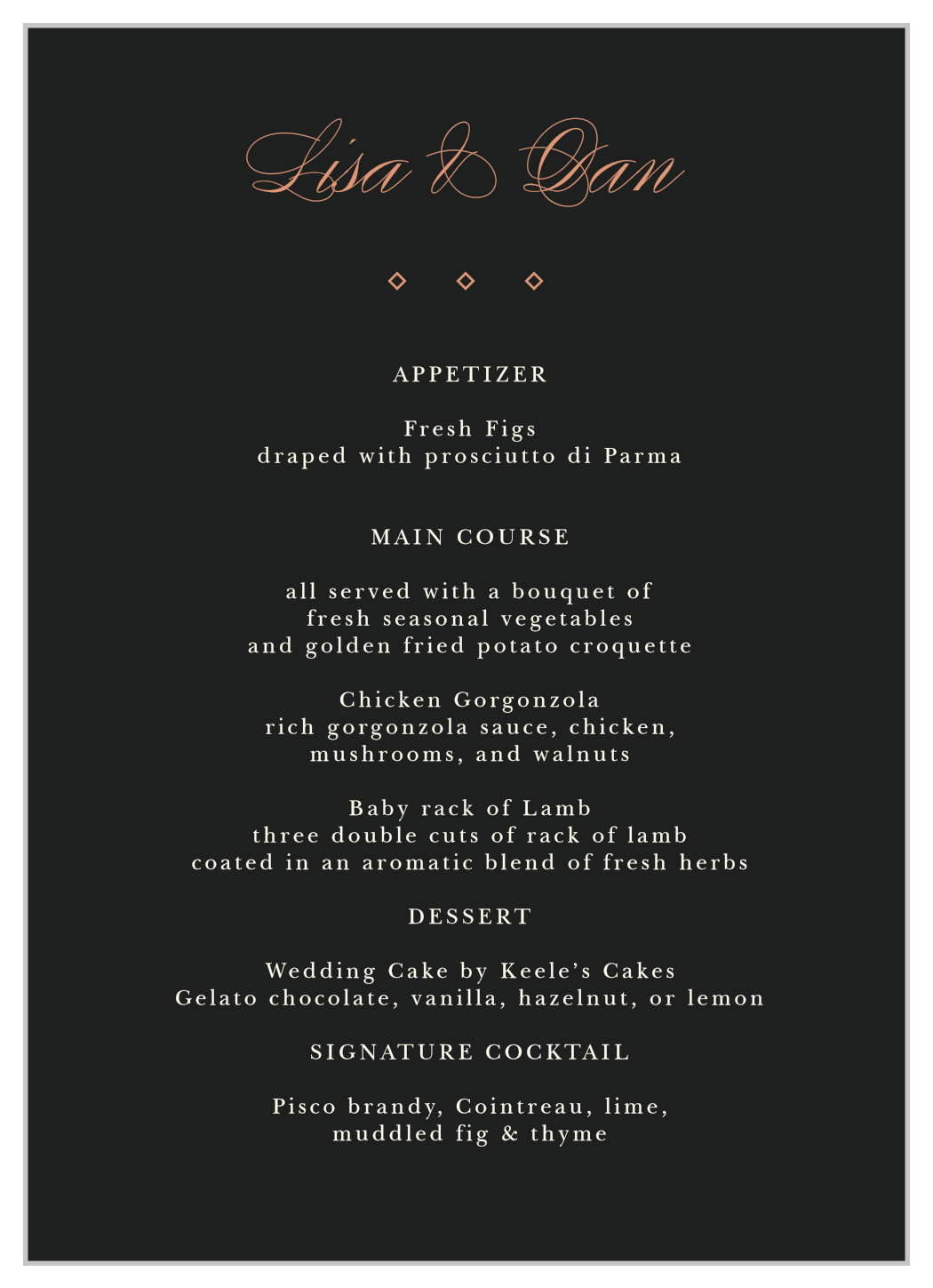 Diamond Debauchery Wedding Menus