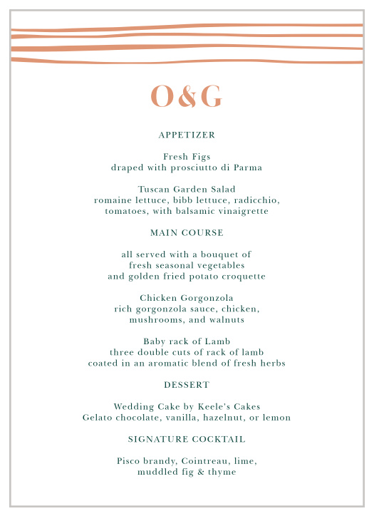 Our Doodle Border Wedding Menus utilize the same gorgeous design and color scheme as several other cards in the Doodle Border wedding suite.