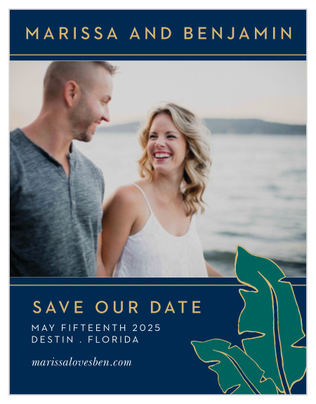 The Green Breeze Save the Date Cards will whisk your guests away to the tropics with its clean typography and cascading, illustrated palm fronds.