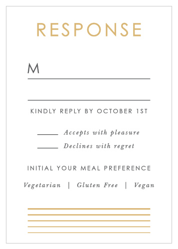 Our Rippled Quintet Wedding Response Cards give you the opportunity to tally up all of your guests, as well as their individualized needs.