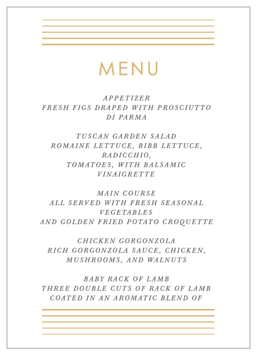 Our Rippled Quintet Wedding Menus utilize the same gorgeous design and color scheme as several other cards in the Rippled Quintet wedding suite.