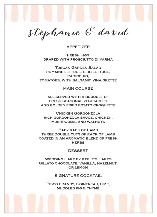 Regardless of what you decide to serve on your wedding day, you can make each choice irresistible with our Giddy Graffiti Wedding Menus.