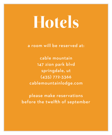 Recommend only the best local hotels for your guests with our It's On Accommodation Cards. A bright orange background makes this card stand out sharply amongst your others, while a deliberately simple print guarantees that every word is easy to read.