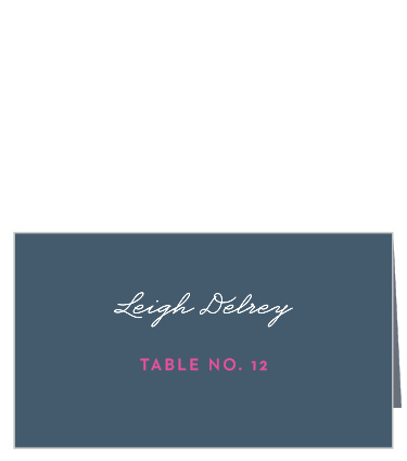 Our classic It's On Place Cards help your guests find their seats- featuring a gorgeous steel-blue background, white calligraphy for your guests' names, and a vibrant pink for the table number, these place cards are a perfect fit for your wedding day.