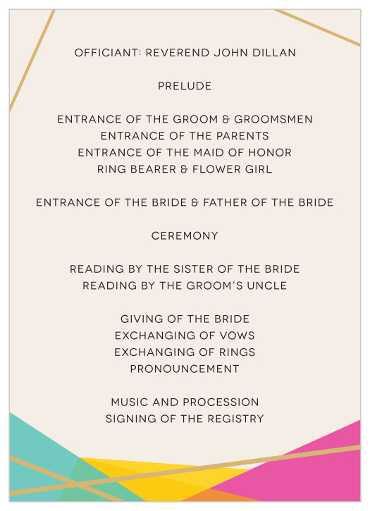 Our Brilliant Gem Wedding Programs feature brightly colored facets that are outlined by our raised gold foil.