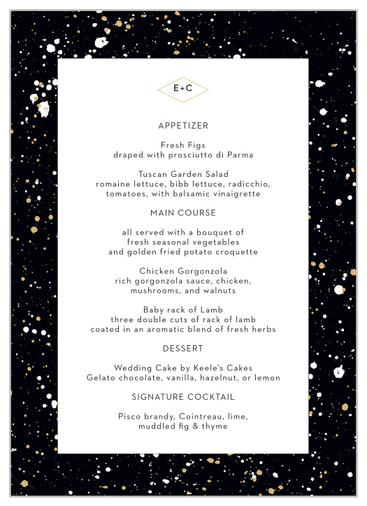 Our Modern Splatters Wedding Menus are artfully decorated with splatters of paint that border the details of your menu.