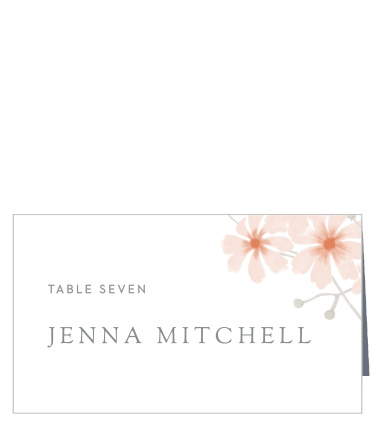 Personalize the Delicate Blooms Place Cards colors and fonts to coordinate with your wedding theme. The text, written in a soft-grey print, creates a lovely contrast against the bright white background, while dainty Daisies finish the design by framing the card