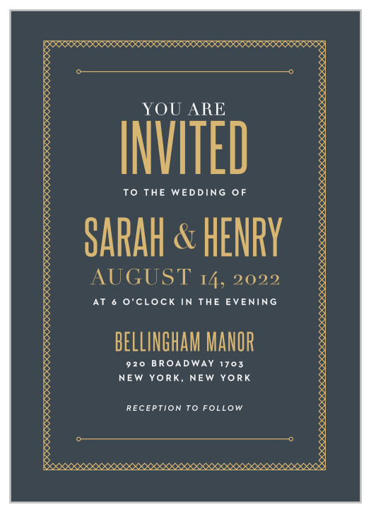 For a touch of vintage elegance, use our Marvelous Manor Wedding Invitations to provide your wedding day details to your guests. Bright and brilliant gold-foil guarantees that your invitations are as eye-catching as they are easy-to-read, creating a lovely contrast against the stormy-gray background and touches of white print.