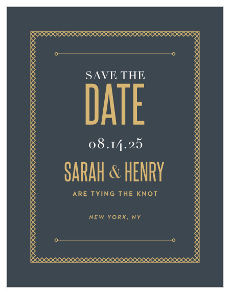 Give your guests all of the information they need well in advance with our Marvelous Manor Save-the-Date Magnets. Featuring an onyx-gray background that creates a gorgeous contrast for the shining gold-foil that spells out the details of the day, these magnets are a fantastic choice for any wedding.