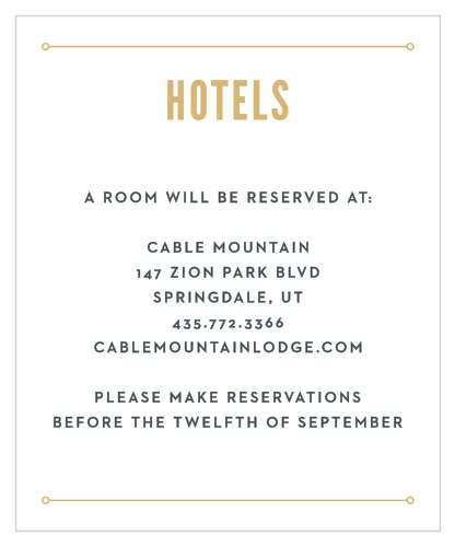 Recommend only the best local hotels for your guests with our Marvelous Manor Accommodation Cards. Shining gold-foil adorns the top and bottom of the card in the form of thin borders and a clean-cut title, followed by a deliberate, modern lettering for your own words- guaranteeing that your guests know exactly where to stay before your big day.
