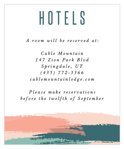 Offer your wedding party the utmost in hospitality, whether you've reserved a block of rooms in a classy hotel, or are offering your spare guest room, the Painterly Perfect Accommodation cards will accompany your wedding invitations to announce the details of your hospitable offering.