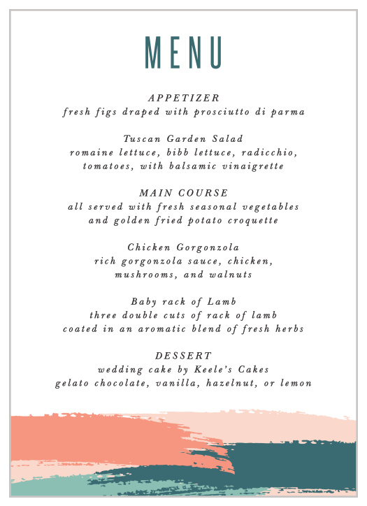 The Painterly Perfection Menu is visually appealing, clear, and classy.