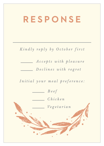 Our Rustic Branches Response Cards give you the opportunity to tally up all of your guests, as well as their individualized needs.