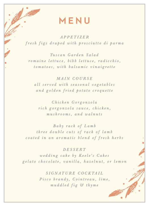 Our Rustic Branches Wedding Menus utilize the same gorgeous design and color scheme as several other cards in the Rustic Branches wedding suite.