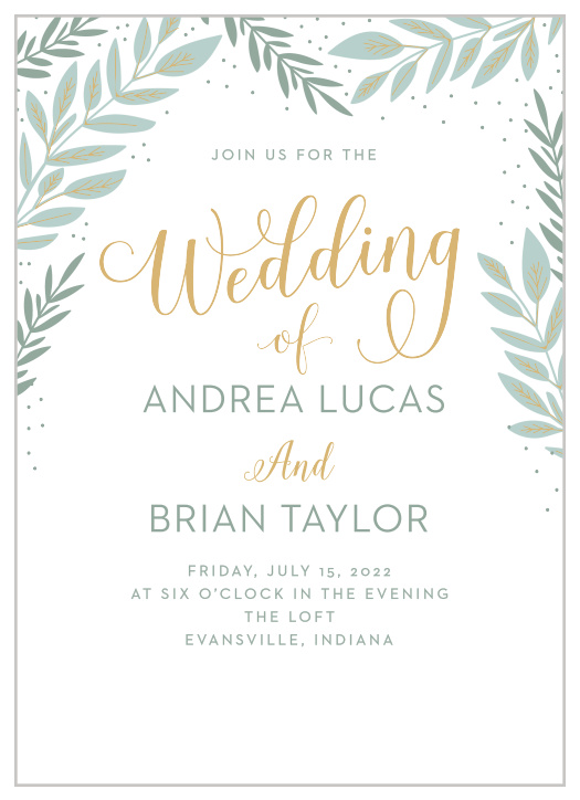 Our stunning Graceful Garden Wedding Invitations are crowned with laurels, growing in and around the swirling gold calligraphy of the card's title.