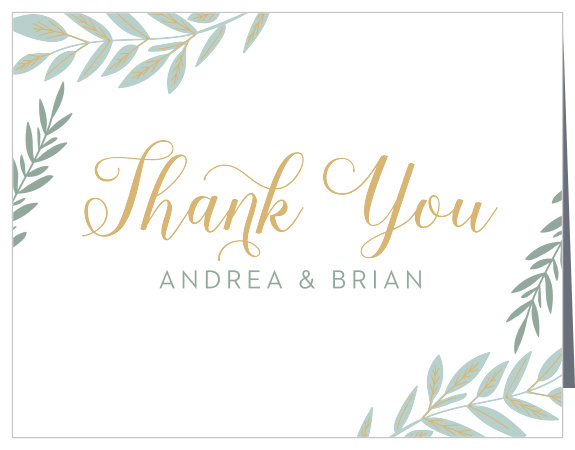 Your gratitude swirls across our Graceful Garden Wedding Thank You Cards in a gorgeous gold-foil, gently framed by duos of pine-green laurels.