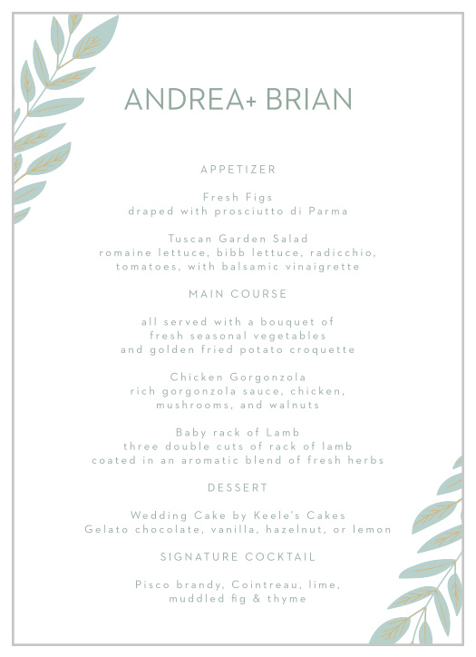 Guide your guests' attention to our stunning Graceful Garden Wedding Menus.