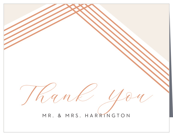 Write out your sincere appreciation in the shining rose-gold foil of our Contemporary Glamour Wedding Thank You Cards. A quartet of intersecting lines come to a point above your text, adding a flash of color and style to the cards, while your names are detailed in a clean, black print- a perfect message on the perfect card after the perfect day.