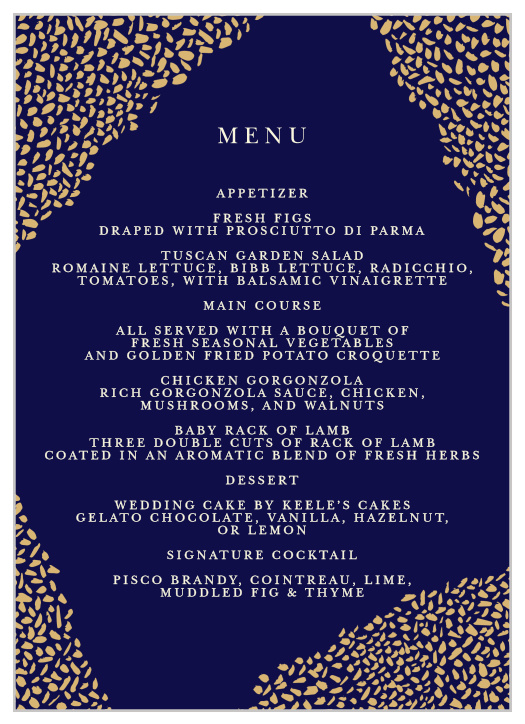 Our Pebble Walkway Wedding Menus are reminiscent of a romantic stroll along the beach at twilight. 