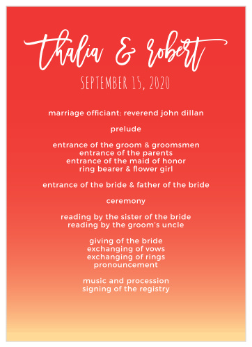 Tequila Sunrise Wedding Programs are the perfect choice for ensuring that your guests can follow along with the moments and members of your wedding ceremony. 