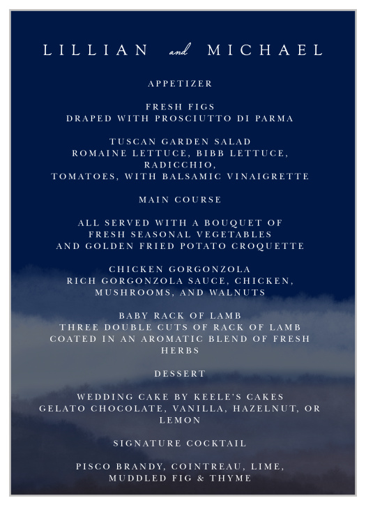 Our Majestic Views Wedding Menus utilize the same gorgeous design and color scheme as several cards in the Vintage Views wedding suite. 