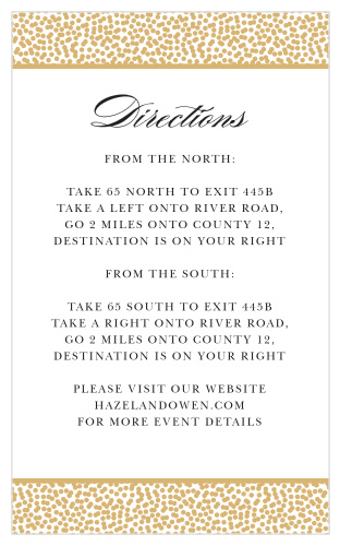 Our Pebble Beach Direction Cards feature a band of gold foiled pebbles lining the top and bottom of the card and elegant, curling calligraphy.
