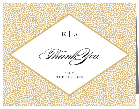 Our Pebble Beach Wedding Thank You Cards feature a diamond that contains your wedding details, framed by a pattern of gold foiled pebbles.