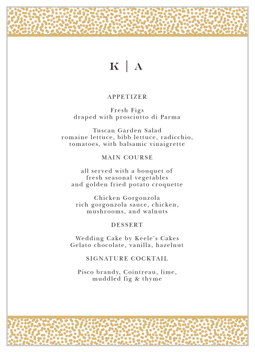 Our Pebble Beach Wedding Menus feature a band of gold foiled pebbles lining the top and bottom of the card and elegant, curling calligraphy.