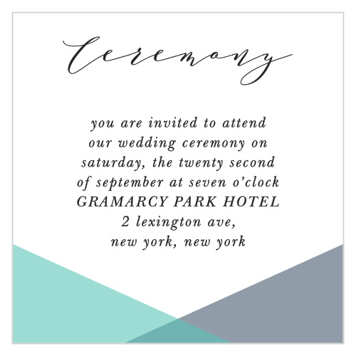 Our Geometric Apex Ceremony Cards utilize the same gorgeous design and color scheme as several other cards in the Geometric Apex wedding suite.